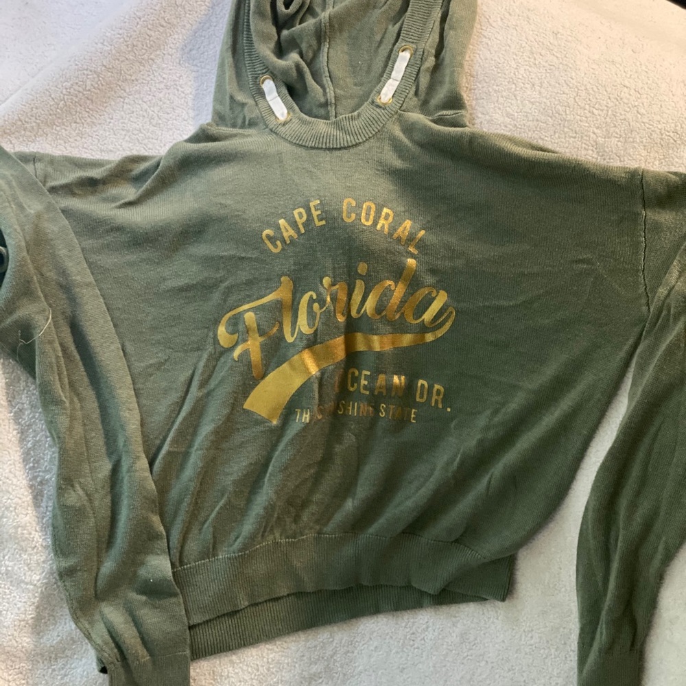 Green and gold hooded knit sweater size 12-14Y